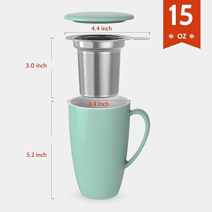 Sweese 15oz Porcelain Tea Mug with Infuser and Lid – Microwave Safe, Ergonomic Handle, Lead-Free Glaze, for Loose Leaf Tea Mint Green;