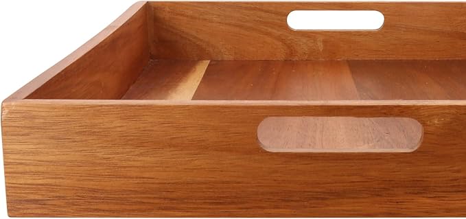 2 Pack 17 x 13 Inch Rectangular Acacia Wood Serving Tray with Handles,Decorative Rectangular Wooden Tray, Breakfast & Coffee Table Tray, Wooden Tray for Ottoman, Snack, Table, Couch and More
