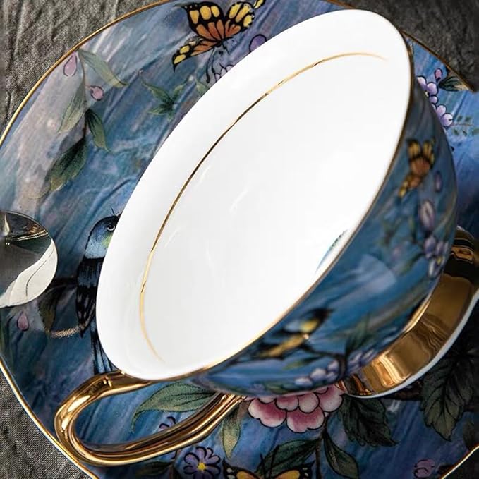 YBK Tech Euro Style Cup& Saucer Set Art Bone China Ceramic Tea Coffee Cup for Breakfast Home Kitchen- Birds and Trees Patterns (Blue Purple)
