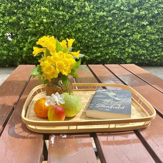 Rectangular Bamboo Wicker Serving Trays with Handles, Handwoven Coffee Trays for Coffee, Breakfast, Bread, Food, Dish and Decorative Tray for Dining Table (1)