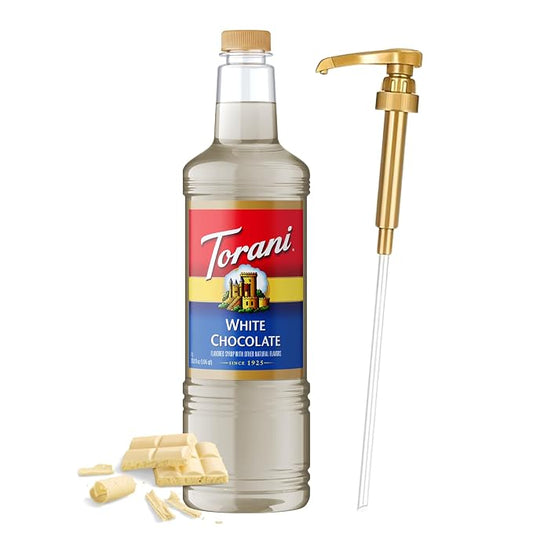 Torani White Chocolate Syrup 1 Liter Bottle with Pump – Premium Coffee Flavoring with Natural Ingredients for Lattes, Mochas, Desserts, Cocktails & Baking – Café-Style Sweetener for Home Baristas by Torani