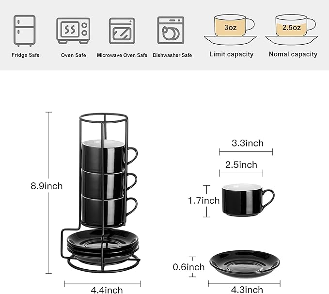 2.5oz Espresso Cups Set of 4, Porcelain Stackable Espresso Cups with Saucers and Metal Stand Set, Black Expresso Shots Cup Set