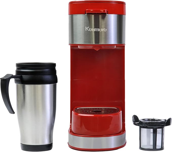 Kenmore Single Serve Coffee Maker – 6–14 Oz Brew Sizes, Compatible with Keurig K‑Cup Pods & Ground Coffee, One Cup Brewer, Travel Mug Friendly, Auto Shut‑Off, Hot & Iced maquina de cafe, Red