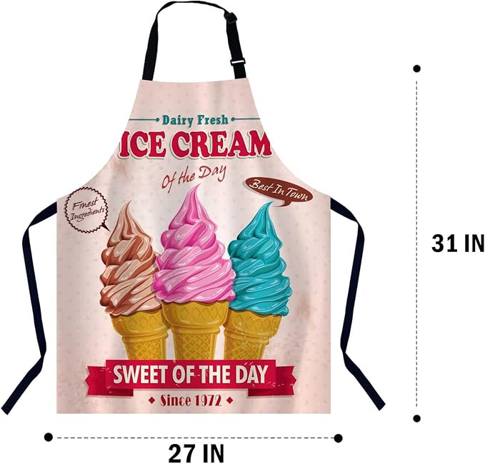 Vintage Ice Cream Design Kitchen Apron for Women Men, Unisex Adjustable Cooking Apron, Waterproof Apron for Home Kitchen, Restaurant, Coffee House - Image 2