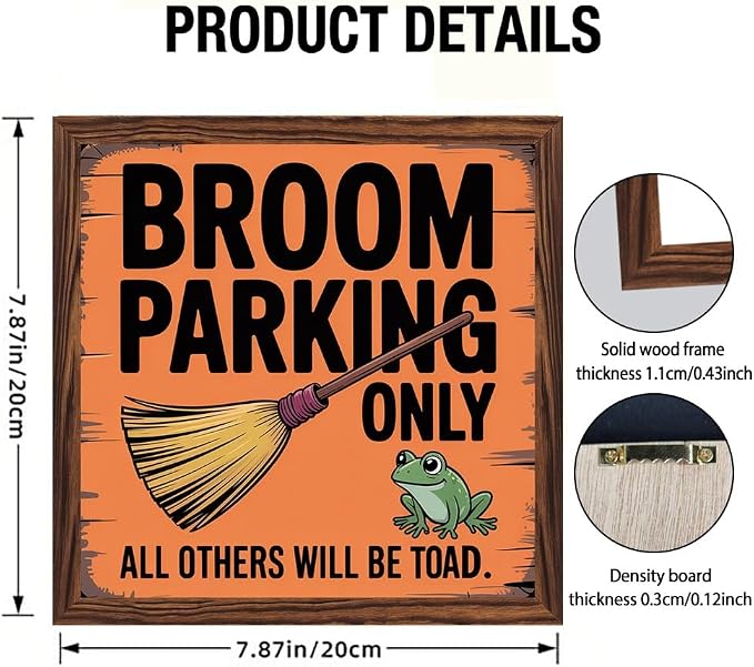 Vintage Halloween Broom Parking Only All Others Will Be Toad Wooden Sign, With Frame Witch Plaque Sign for Home Patio, Cafe, Porch Halloween Decor 7.87x7.87 Inch - Image 4