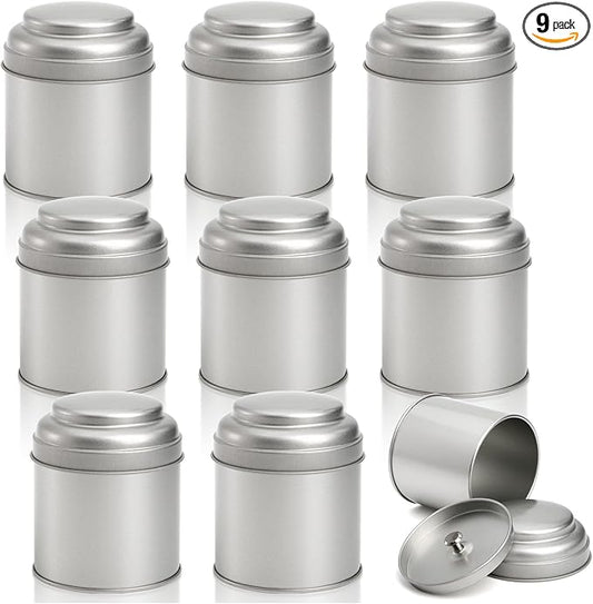 Lawei 9 Pack Tea Tins Canister with Airtight Double Lids, 8 OZ Round Tin Can Box, Small Kitchen Canisters Containers for Storage Tea, Coffee, Sugar, Loose Leaf, Candy, Herbs and Spices, Silver