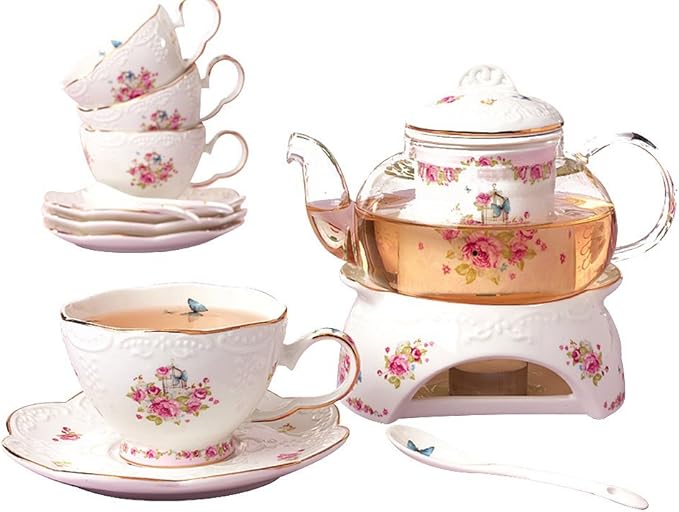 Jusalpha® Vintage Porcelain Flower Series Tea Sets, Tea Cup Saucer Set with Teapot Warmer- Filter and Spoon, 16pcs in 1 set (16pcs set)