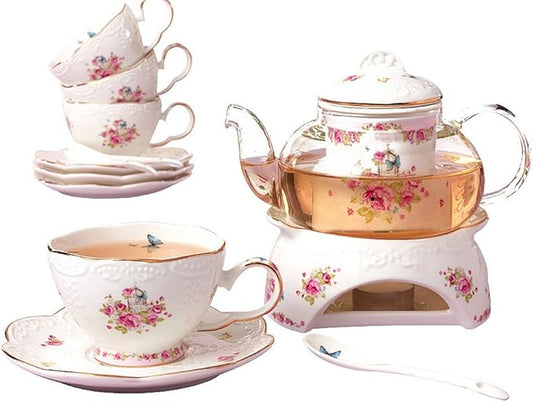 Jusalpha® Vintage Porcelain Flower Series Tea Sets, Tea Cup Saucer Set with Teapot Warmer- Filter and Spoon, 16pcs in 1 set (16pcs set)