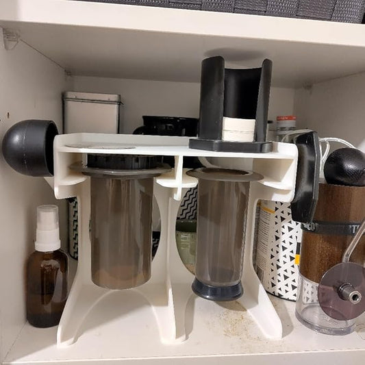 Versatile Stand & Storage Box for Standard Aeropress Coffee Makers - Ideal for Air Drying, Organizing, and Featuring Dedicated Slots for Scoop, Mixer, and Paper Cups (White)