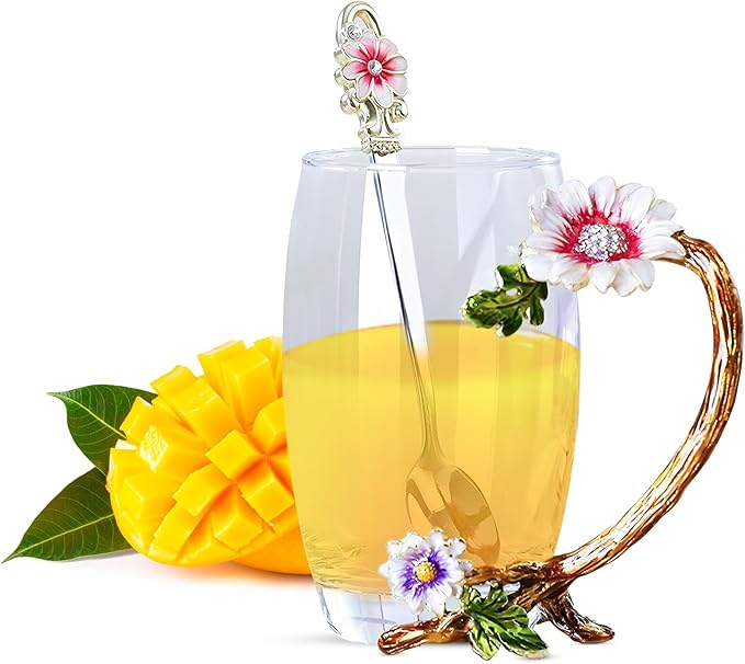 The Pure Embrace Flower Glass Tea/Coffee Cup, Gift for Mom, Birthday Gift for Women, Lead-Free Enamel Glass with Spoon (Large)