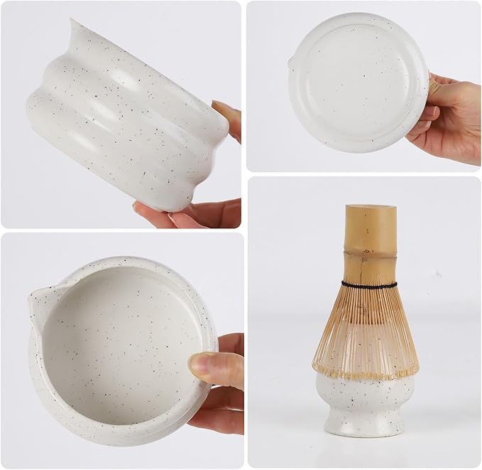 Mottled White Matcha Whisk Set, Ceramic Matcha Kit Set Gift Present Includes Matcha Bowl, Matcha Whisk and Holder, Bamboo Scoop, Scoop Rest, Sifter and Tea Towel - 7 Pcs Kit for Matcha Lovers