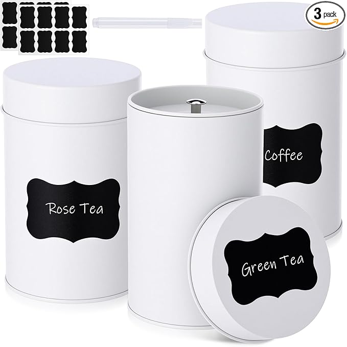 Tanlade 3 Pcs Tea Tin Canister with Airtight Double Lids, 14 oz Tea Containers with 1 Erasable Chalk Marker and 16 Stickers Tin Can Box for Loose Leaf Coffee Sugar Candy Spices