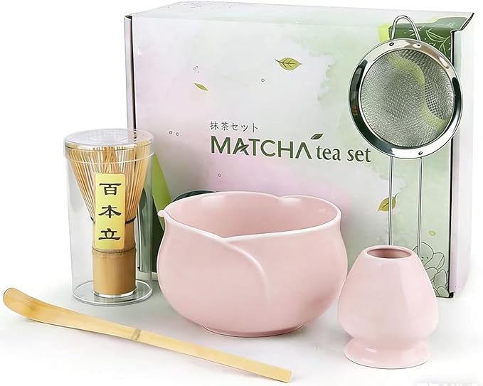 5Pcs Matcha Set Bowl and Whisk, Pink Ceramic Matcha Set Kit, Complete Matcha Making Kit Gift for Ceremony Matcha Tea Lover