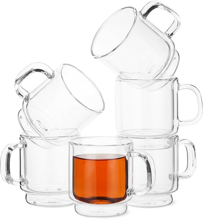 BTaT- Double Walled Stackable Espresso Cups, 2 oz, Set of 6, Clear Demitasse Coffee Mugs, Double Wall Insulated Espresso Cups, Coffee Mugs for Tea, Lattes
