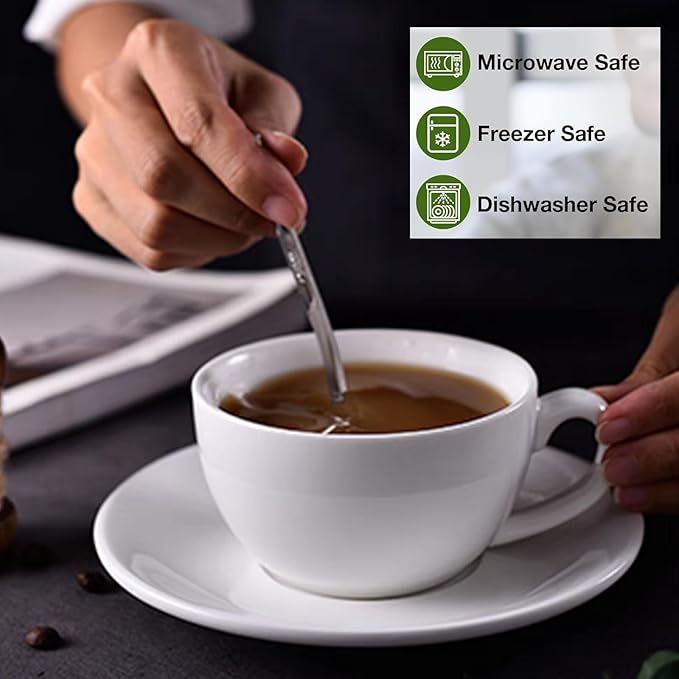 DeeCoo 8oz White Cappuccino Mug- Large Ceramic Coffee Cup with Saucer - Microwave and Dishwasher Safe, Perfect For Tea, Espresso, Latte - Porcelain Set for Kitchen or Cafe, Baristas, Great Gift