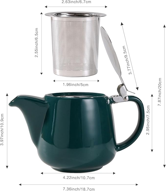 Ceramic Teapot With Stainless Steel Infuser, Heat Resistant, Perfect Tea Maker, Green, 500ml/17oz