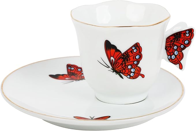 Servette Home Cup and Saucer Set - Mini Coffee Mug with Plate Tea Set - Ceramic Butterfly Design