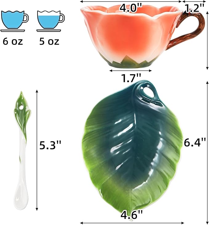 Flower Tea Cup and Saucer, 6 Oz Ceramic Coffee Mug with Spoon, 3D Handmade Vintage Drinking Cups, 3 Pieces Orange Teaware Mug for Women, Mother's Day Birthday Gift Party (Floral and Leaf)