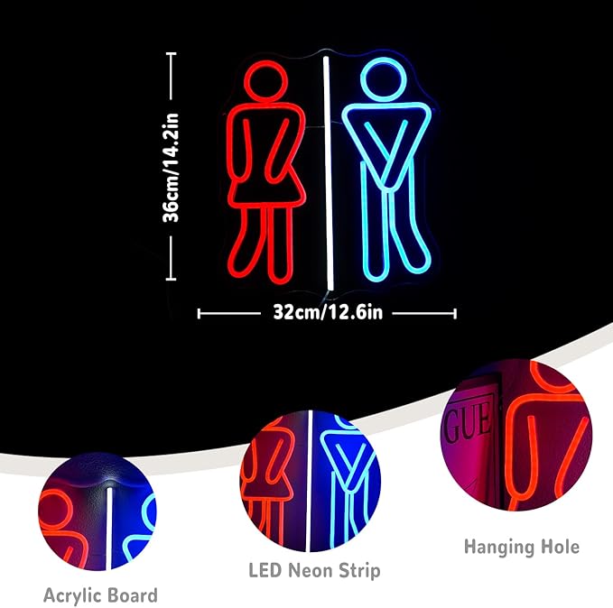 Restroom Neon Signs for Wall Decor Toilets Neon Light Dimmable Neon Bathroom Sign USB Power Red Blue Neon Light Up Sign for Bathroom Washroom Bedroom Bar Office