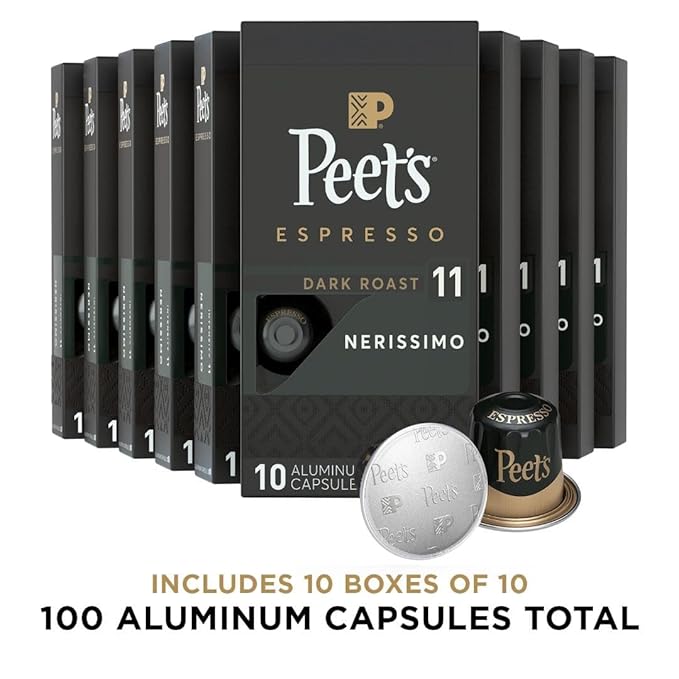 Peet's Coffee, Dark Roast Espresso Capsules, Compatible with Nespresso Original Machine - Nerissimo Intensity 11, 100 Count (10 Boxes of 10 Espresso Capsules) (Pack of 2)
