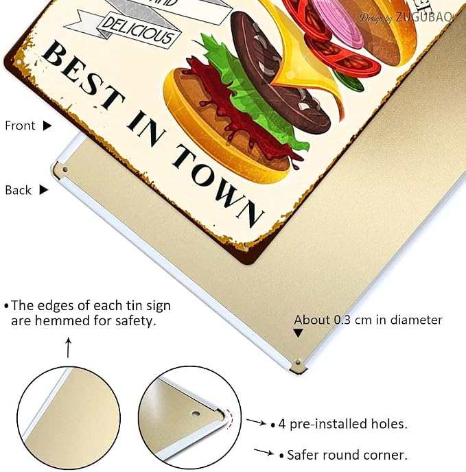 Hot Burgers Tin Signs Vintage Metal Sign Funny Food Art Printing Poster Wall Decor for Home Kitchen Bar Restaurant Cafe Pub Indoor Outdoor 12x8 Inch Hanging Plaque - Image 3