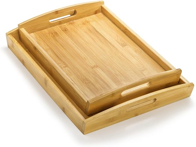 Peohud 4 Pack Bamboo Serving Trays with Handles, Rectangular Kitchen Food Tray for Eating, Dinner Trays for Eating on Couch, Wood Serving Platter for Breakfast, Tea, Bar, Restaurant, Party or Bed