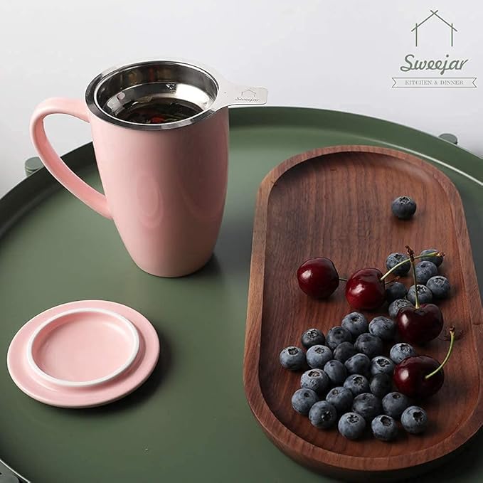 Sweejar Porcelain Tea Infuser Mug with Lid, 16 oz Teacup with Strainers for Loose Leaf Tea, Microwave and Dishwasher Safe Coffee Mug(Pink)