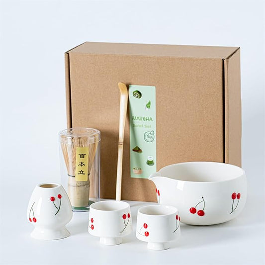 Red Cherries Matcha Whisk Set with Matcha Bowl, Bamboo Whisk, Scoop, and Ceramic Holder, Hand-Painted Cute Matcha Set for Matcha Lovers & Tea Ceremony