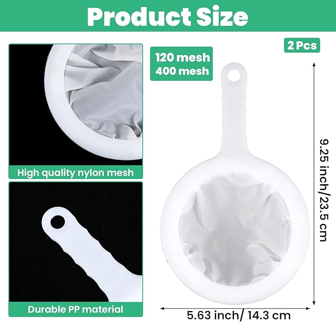 2 Pack Plastic Mesh Strainer with Handle, Mini Nylon Ultra Fine Mesh Sieve Sifter Colander Non-slip Kitchen Food Strainers for Straining Tea, Matcha, Cocktail, Juice and Coffee(120+400mesh)