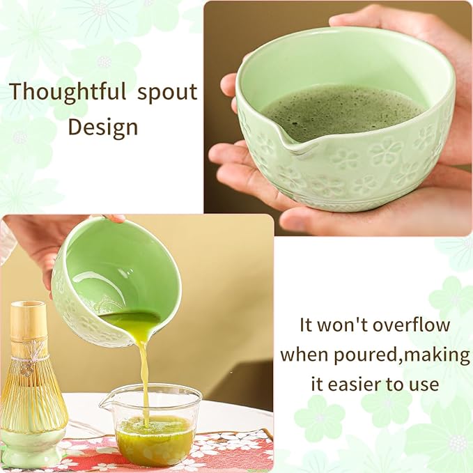 8-Piece Matcha Ceremony Set - Tea Kit with Cherry Blossom Bowl, Bamboo Whisk, Wood Scoops, Tea Cloth & Floral Display - Gift-Ready Pink Cherry color box (green)
