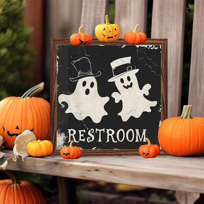 Vintage Halloween Cute Ghosts Bathroom Decor Restroom Wooden Sign 7.87x7.87 Inch, Halloween Wall Art Wooden Sign For Bathroom, Cafe, Bar, Office Hanging Decor - Image 7