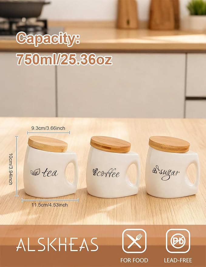 Ceramic Canister Set with Airtight Lid, Kitchen Canisters for Countertop with Comfort Grip, White Canisters Set of 3 for Coffee Sugar Tea, Home Decor (25oz/750ml)