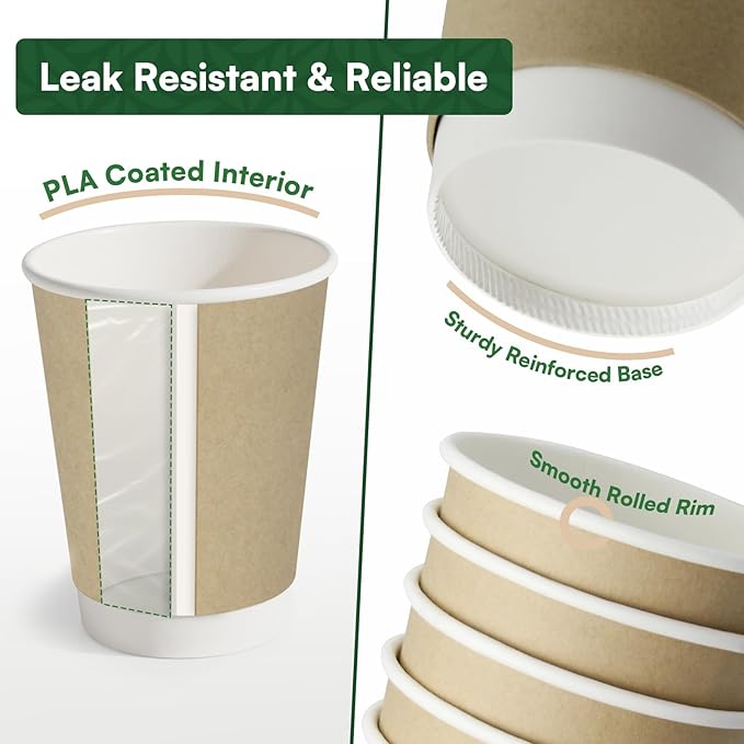 12 oz Compostable Coffee Cups 120 Pack, BPI Certified Double Wall Insulated Hot Cups, PLA Coated Natural Kraft Paper Cups for Office, Coffee Bar & Travel
