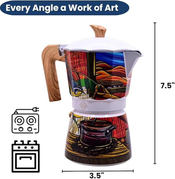 Puerto Rico Greca de Cafe Gift Set | Boricua Art Stovetop Coffee Maker & Moka Pot | with Authentic Cafe Borinquen | Cafetera, 6 Espresso Cups (Cafe Borinquen)