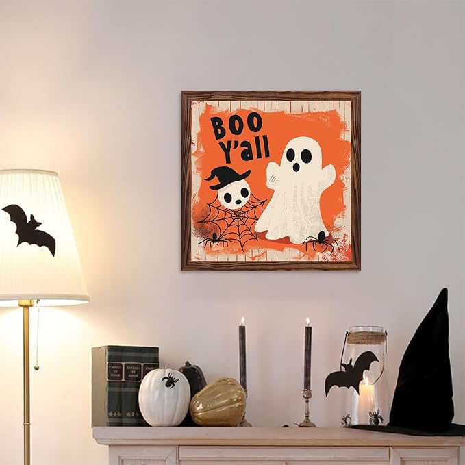 Vintage Halloween Cute Ghosts Boo Y'all Wooden Sign 7.87x7.87 Inch, Halloween Wall Art Wooden Sign For Bathroom, Cafe, Bar, Office Hanging Decor - Image 5
