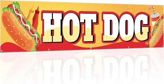 Tegeme Hot Dog Banner Sign for Shop Truck Decor 2x10 Ft/ 24x120 Inch Hot Dog Party Decorations Hotdog Birthday Party Supplies with 10 Grommets for Easy Hang Indoor Outdoor