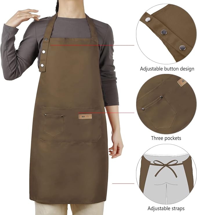 Hongsome Adjustable Button Apron for Women Men Artist Painting Pottery Garden Cooking Kitchen Chef 3 Pockets Waterproof M-XXL - Image 4