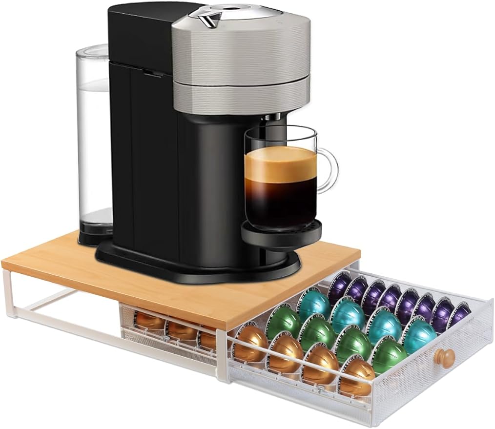 Coffee Pod Holder Drawer Organizer Capsules Storage Organizer with Sliding Drawer Compatible For Nespresso Pods, Holds up to 56 Small or 28 Big nespresso pod Oak Color