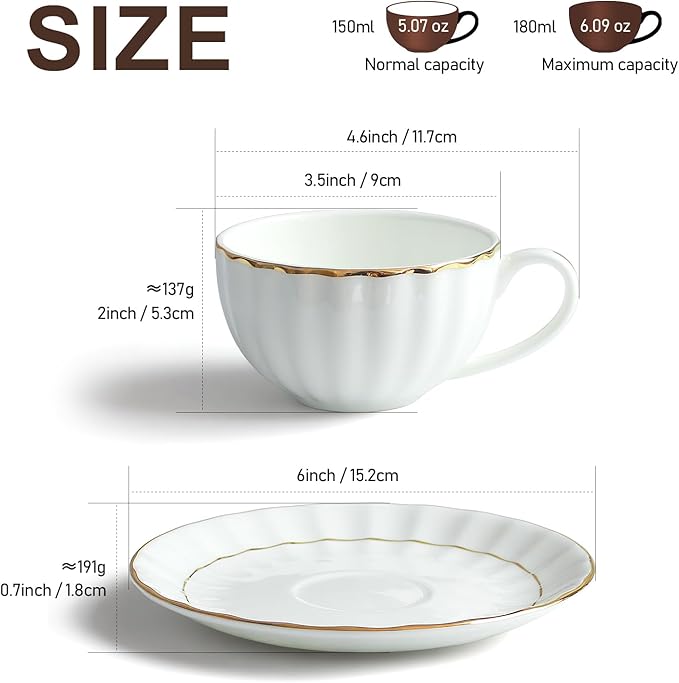 IQCWOOD Tea Cup and Saucers Set of 4(6.09oz), Bone China Tea Cups with Gold Trim, White Teacup for Tea, Milk, Latte, Mocha, Espresso, Dishwasher Safe, for Party Cafe Home