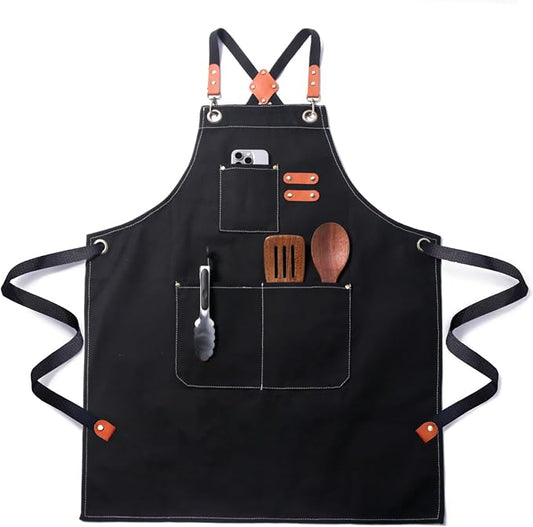 Plus Size Kitchen Apron for Men Women, Cross Back Cotton Canvas Chef Apron by Unknown