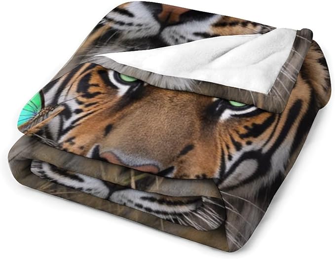 Beautiful Tiger Nature Grass Super Soft Throw Blanket, Blue Butterfly Flannel Fleece Decorative Throw for Sofa Couch Bedroom Decor Outdoor Use 50"x60"
