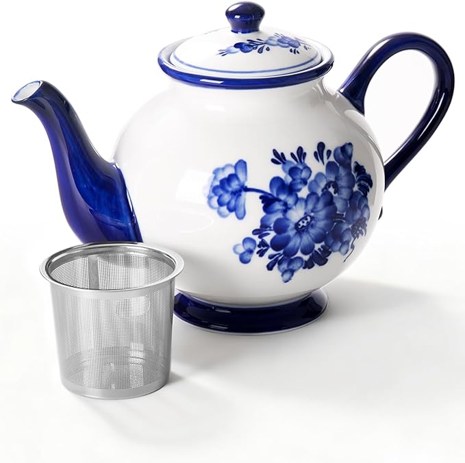 45 Ounce Tea Pot with Infuser, Ceramic Blue and White Teapot, Flowers