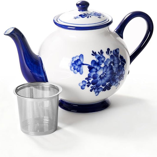 45 Ounce Tea Pot with Infuser, Ceramic Blue and White Teapot, Flowers