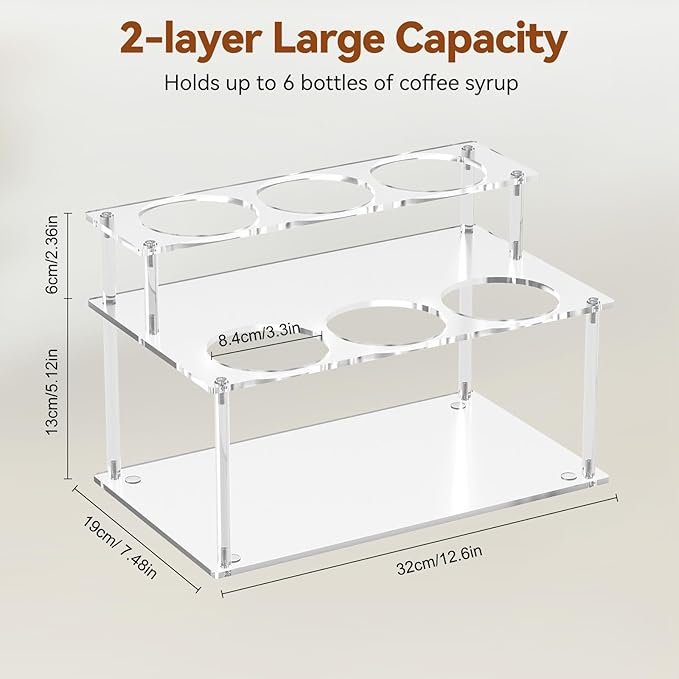 Nuovoware Acrylic Coffee Syrup Organizer, 2-Tier 6 Bottles Bar Organizer, Clear Coffee Syrup Rack for Countertop Kitchen Bar, Surface Film Can be Peeled Off, Transparent