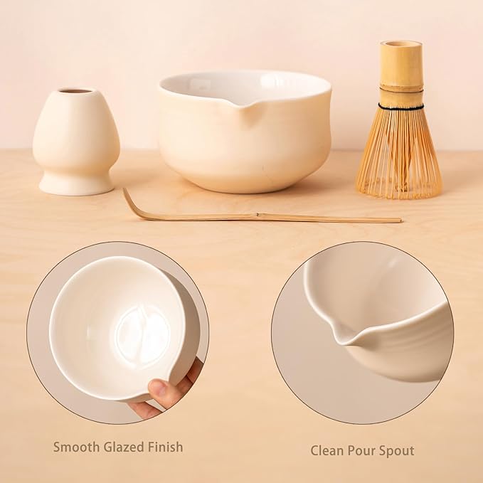 Matcha Set, Japanese Tea Set Includes Matcha Bowl with Spout, Matcha Whisk Holder (chasen), Bamboo Matcha Whisk and Bamboo Scoop, Ceramic Matcha Kit for Tea Lovers