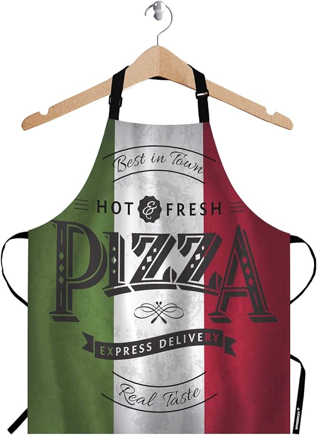 WONDERTIFY Pizza Apron,Best in Town Pizzeria Retro Poster on Grunge Backgrounds Green White Red Bib Apron with Adjustable Neck for Men Women,Suitable for Kitchen Cooking Chef Grill Bistro BBQ Apron