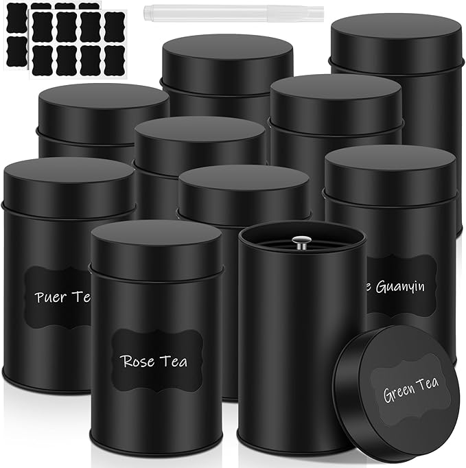 Tanlade 10 Pcs Tea Tin Canister Metal Round Can with Airtight Lid Double Sealed Tea Tin Canisters, with 1 Erasable Chalk Marker and 16 Stickers for Loose Leaf Coffee Sugar, 14 oz