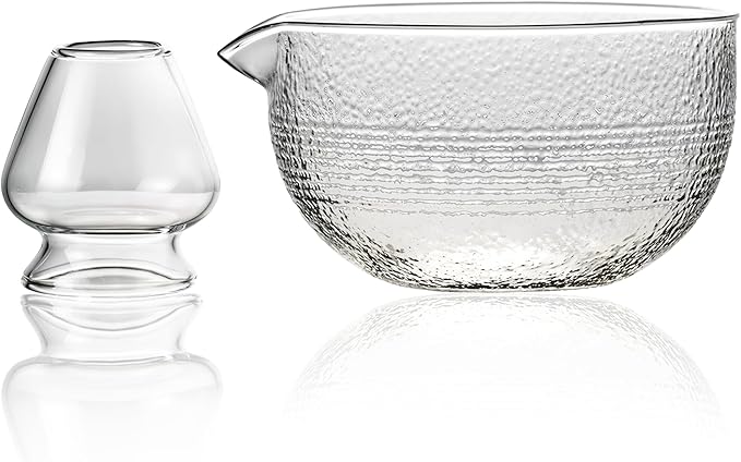 Matcha Bowl and Whisk Holder Set, 18 oz Glass Matcha Bowl with Spout, Japanese Ceremonial Mixing Chawan, Clear Traditional Matcha Kit, Cute Salad Mixing Bowl Cup-2pcs