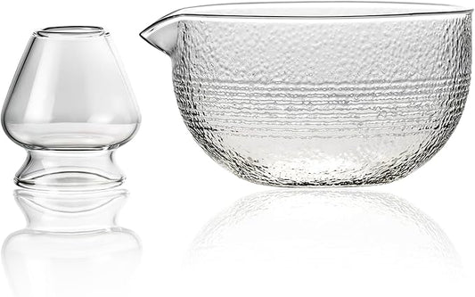 Matcha Bowl and Whisk Holder Set, 18 oz Glass Matcha Bowl with Spout, Japanese Ceremonial Mixing Chawan, Clear Traditional Matcha Kit, Cute Salad Mixing Bowl Cup-2pcs