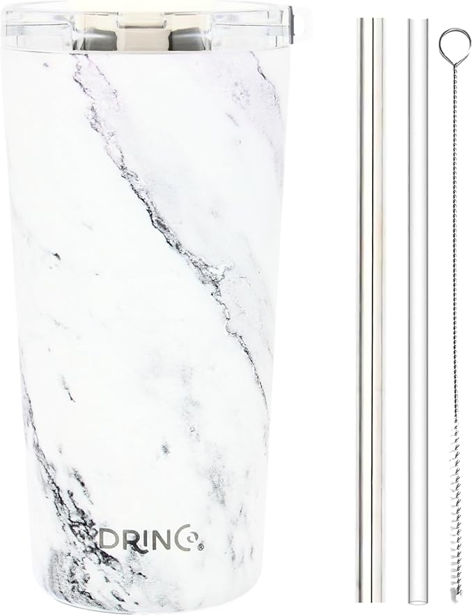 Drinco - 20 oz Stainless Steel Tumbler | Double Walled Vacuum Insulated Mug With Lid, 2 Straws, For Hot & Cold Drinks (20oz Calacatta Marble)